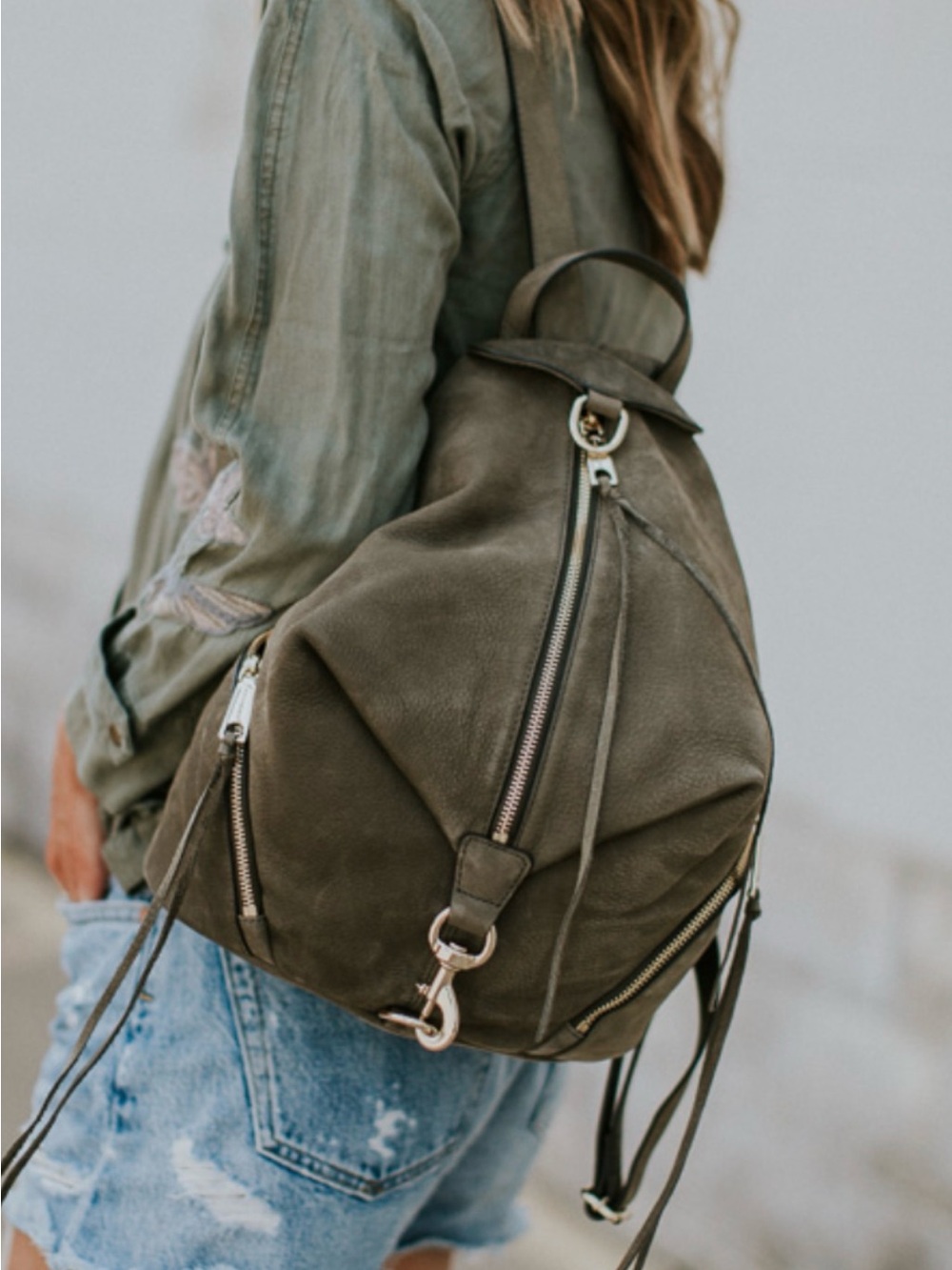 Rebecca Minkoff Julian Olive Gray Leather Convertible Backpack Gold Hardware